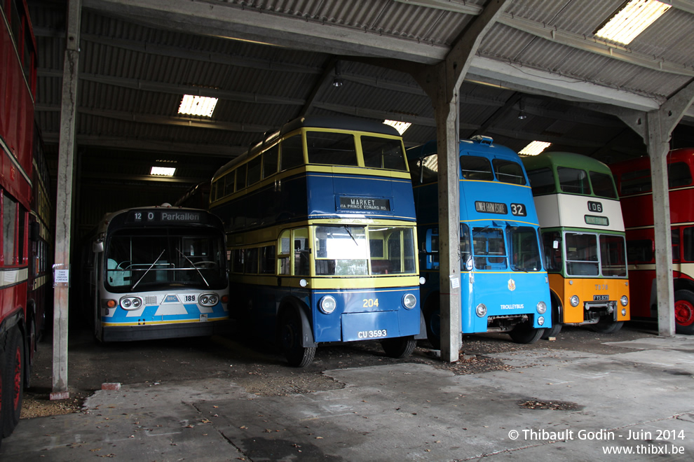GM T6H 5307 189 d'Edmonton, BUT 9613T TB78 de Glasgow, Karrier E4 204 de South Shields et Sunbeam F4A 872 de Walsall - Musée des Trolleybus de Sandtoft