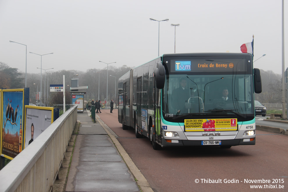 Bus 4758 (CV-765-NM) sur la ligne Tvm (Trans-Val-de-Marne - RATP) à Thiais