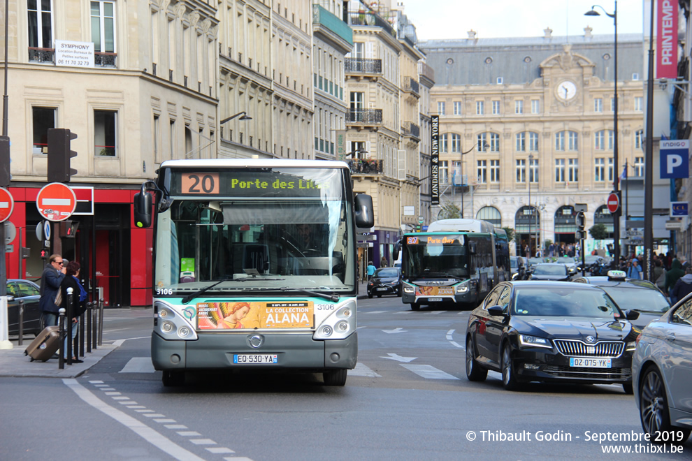 Bus 3106 (EQ-530-YA) sur la ligne 20 (RATP) à Havre - Caumartin (Paris)
