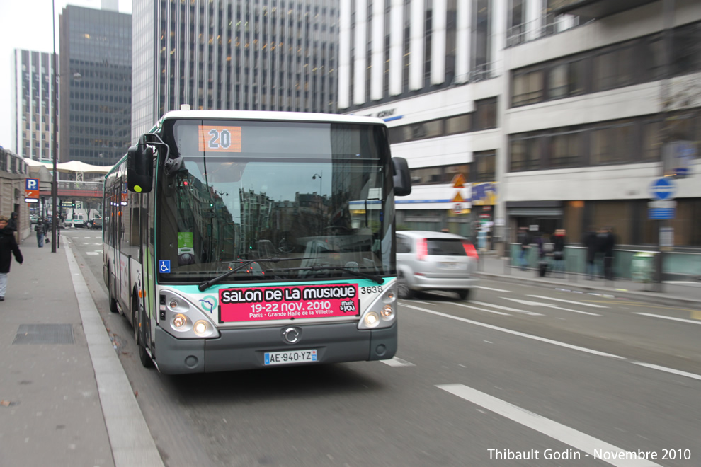 Bus 3638 (AE-940-YZ) sur la ligne 20 (RATP) à Gare de Lyon (Paris)