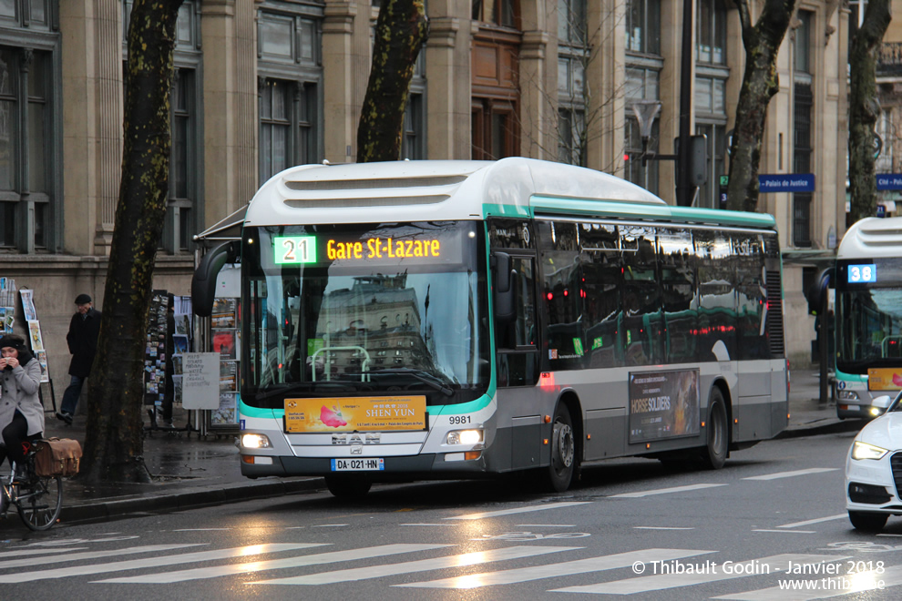 Bus 9981 (DA-021-HN) sur la ligne 21 (RATP) à Cité (Paris)