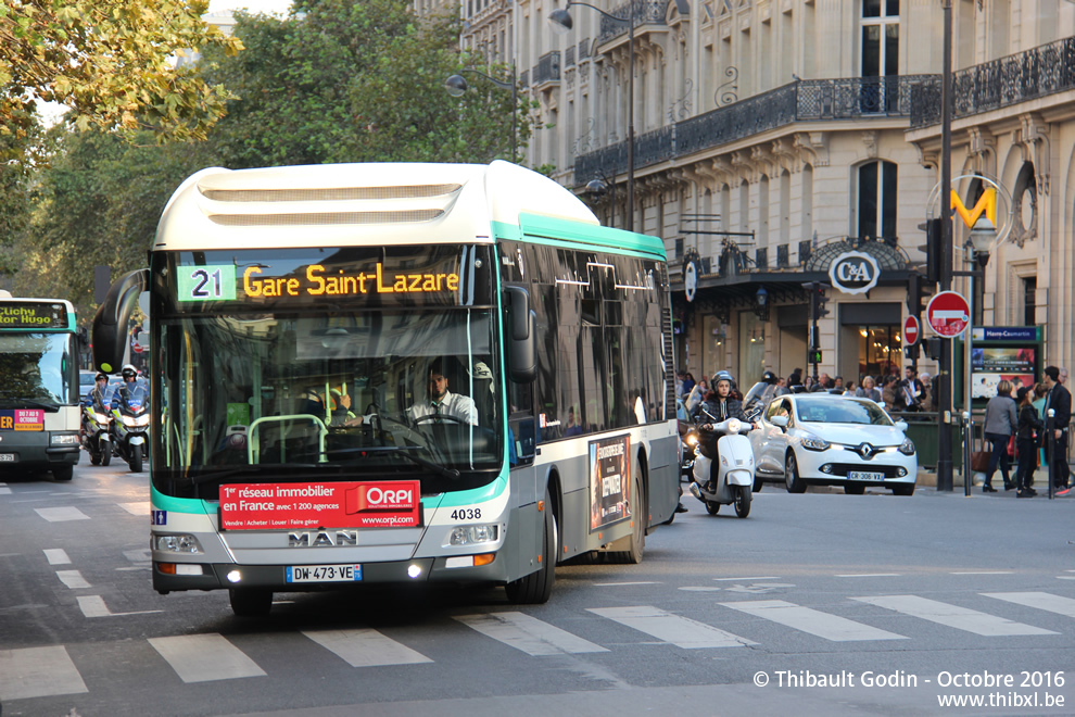Bus 4038 (DW-473-VE) sur la ligne 21 (RATP) à Havre - Caumartin (Paris)