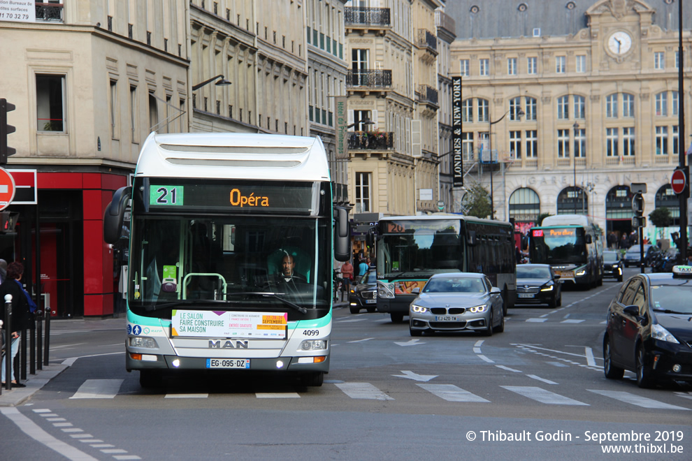 Bus 4099 (EG-095-DZ) sur la ligne 21 (RATP) à Havre - Caumartin (Paris)