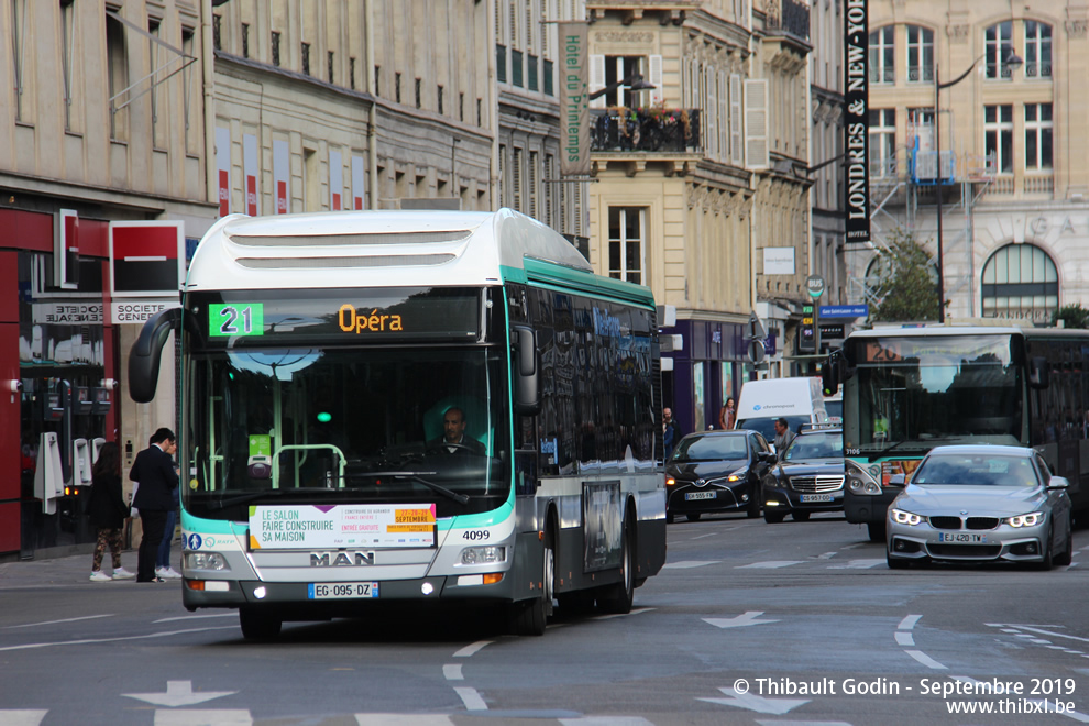 Bus 4099 (EG-095-DZ) sur la ligne 21 (RATP) à Havre - Caumartin (Paris)