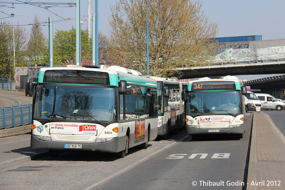 Bus 9399 (274 RJE 75) et n°9404 (452 RJH 75) sur la ligne 347 (RATP) à Noisy-le-Sec