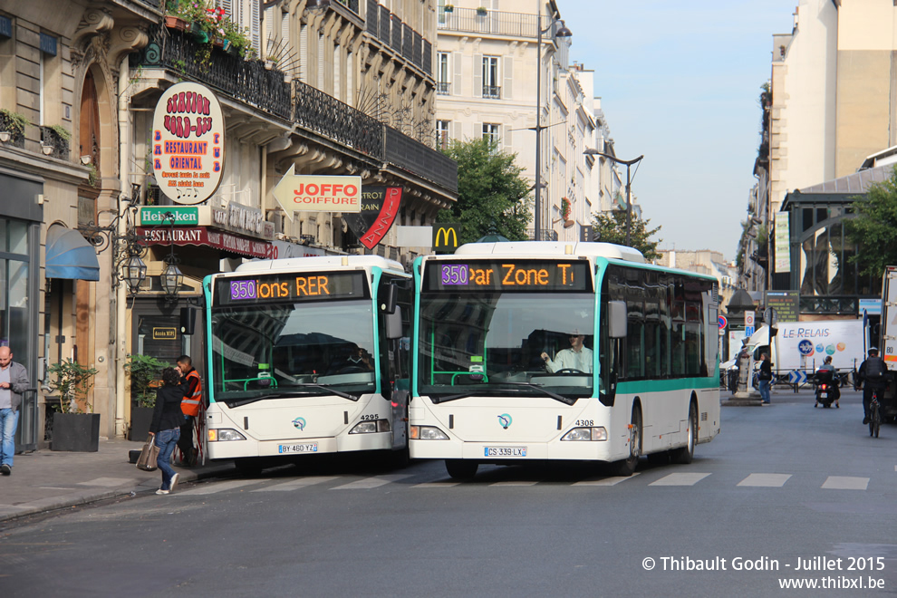 Bus 4295 (BY-460-YZ) et 4308 (CS-339-LX) sur la ligne 350 (RATP) à Gare de l'Est (Paris)