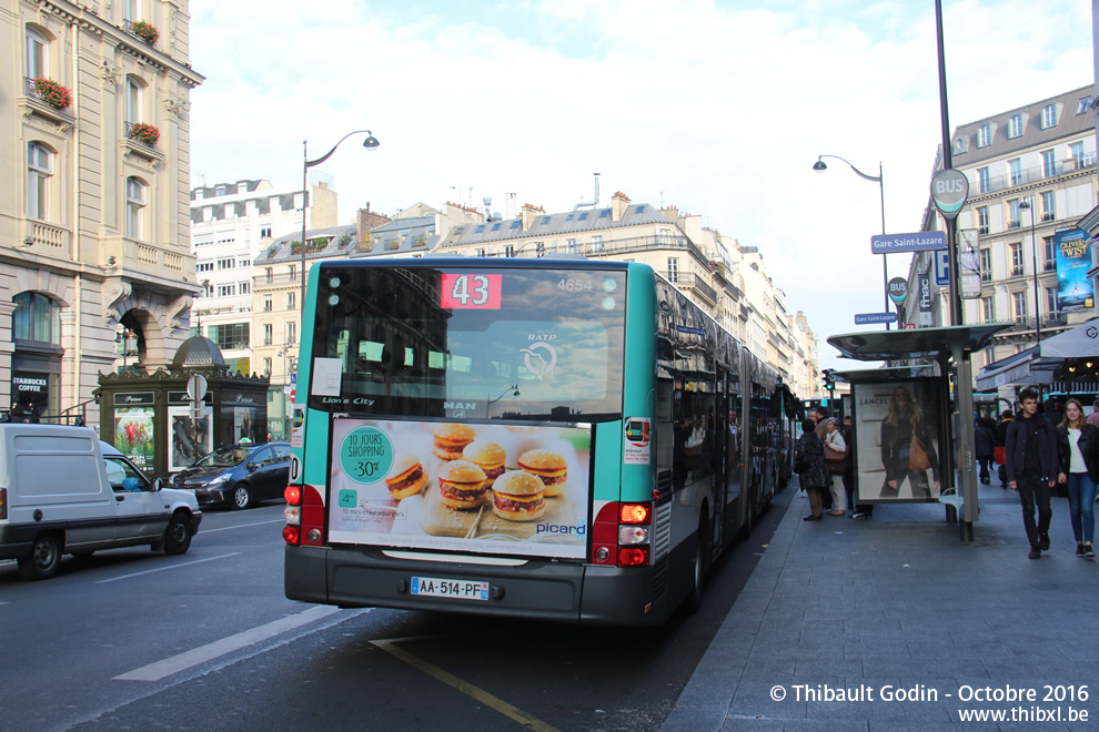 Bus 4654 (AA-514-PF) sur la ligne 43 (RATP) à Gare Saint-Lazare (Paris)