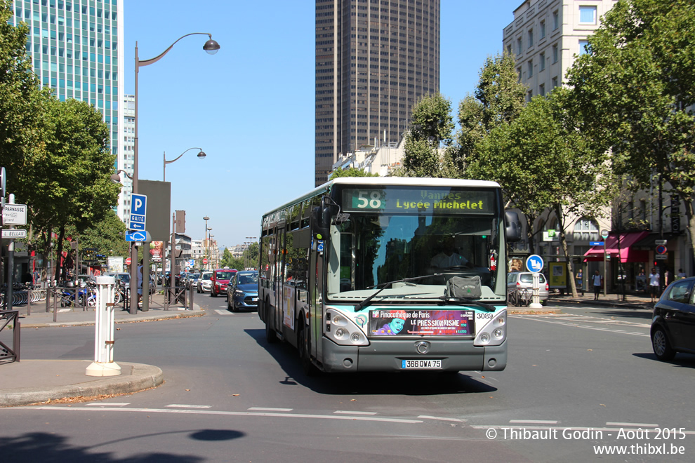 Bus 3089 (366 QWA75) sur la ligne 58 (RATP) à Gaîté (Paris)