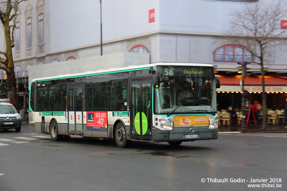 Bus 3081 (EQ-349-GX) sur la ligne 58 (RATP) à Châtelet (Paris)