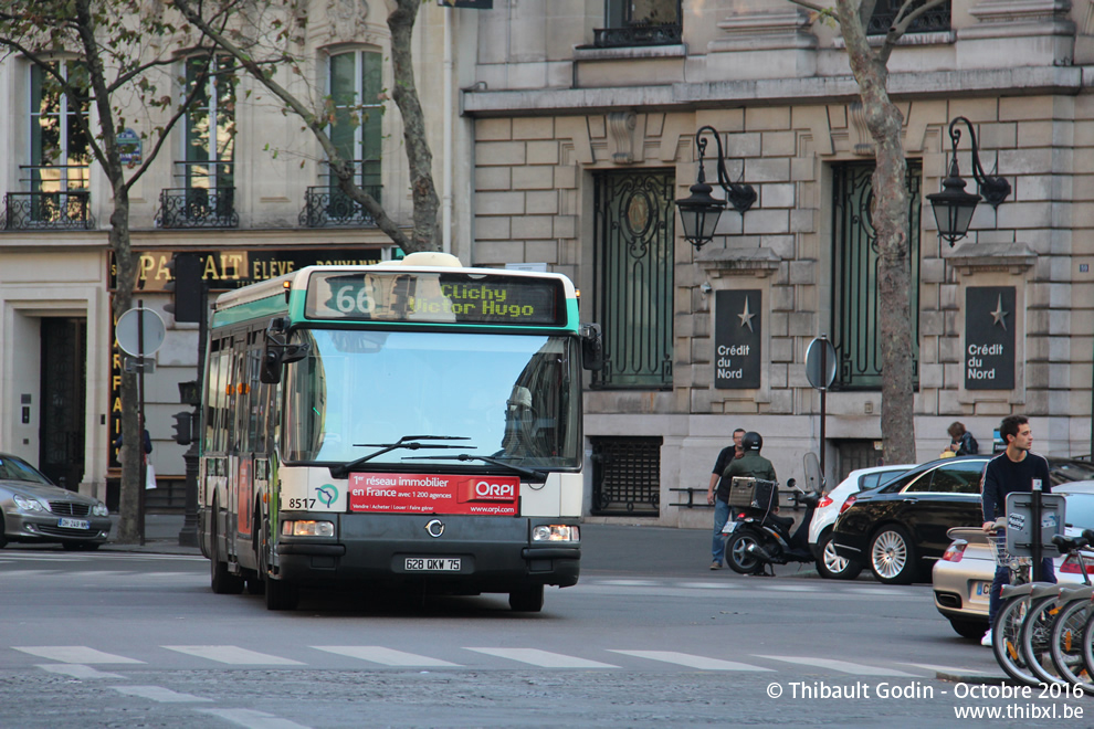 Bus 8517 (628 QKW 75) sur la ligne 66 (RATP) à Havre - Caumartin (Paris)