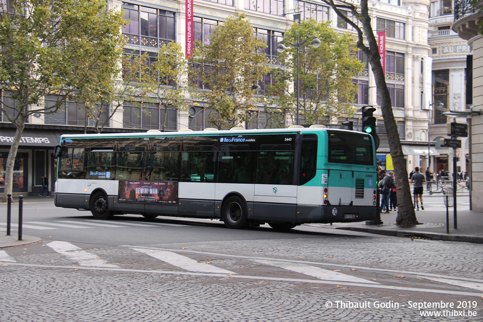 Bus 3443 (ER-112-QA) sur la ligne 20 (RATP) à Havre - Caumartin (Paris)