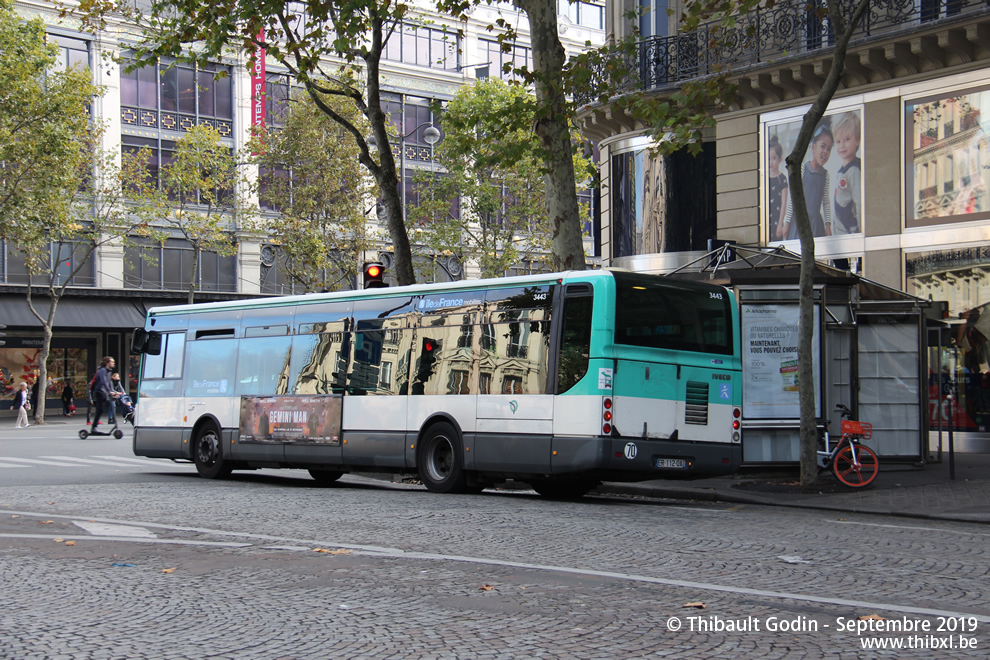 Bus 3443 (ER-112-QA) sur la ligne 20 (RATP) à Havre - Caumartin (Paris)