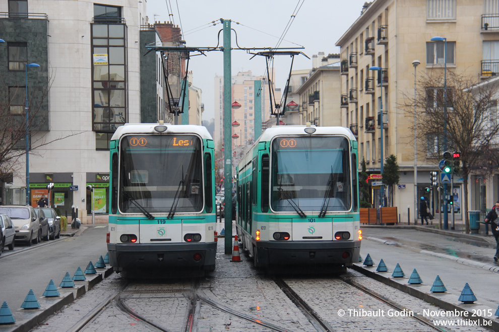 Trams 119 et 101 sur la ligne T1 (RATP) à Noisy-le-Sec