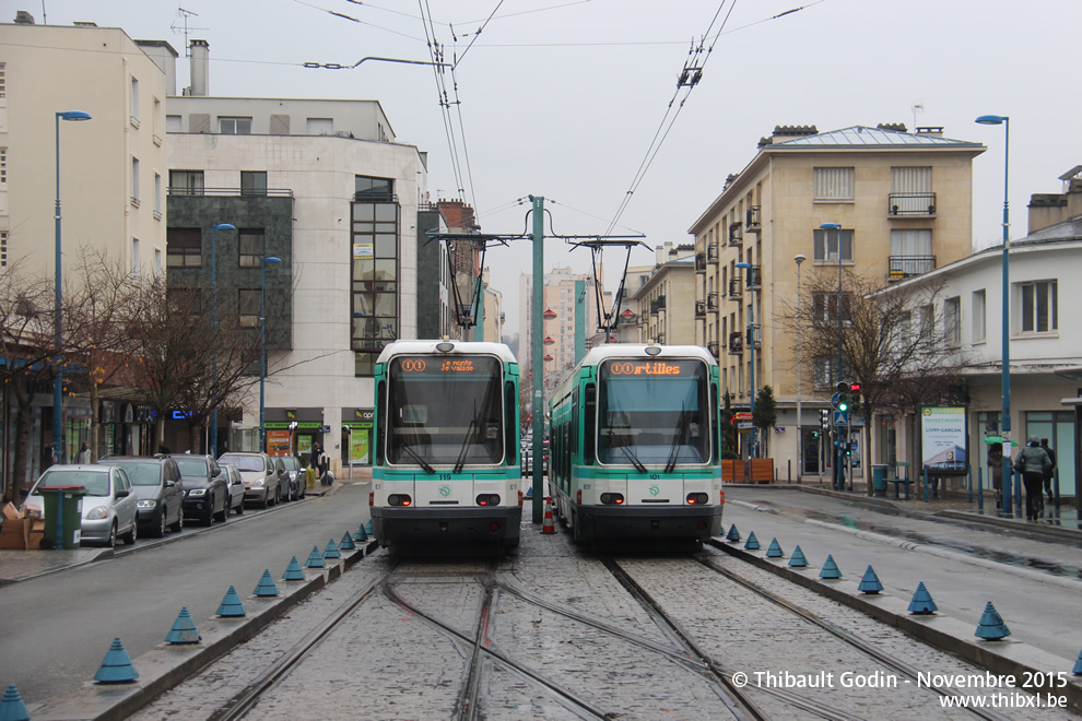 Trams 119 et 101 sur la ligne T1 (RATP) à Noisy-le-Sec