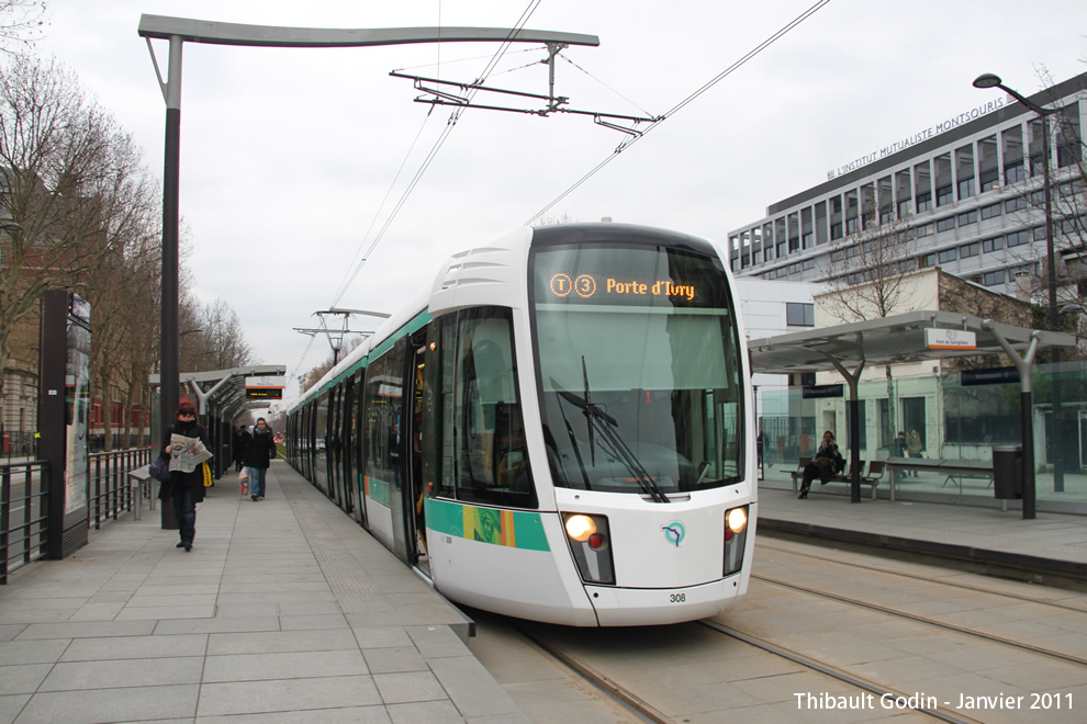 Tram 308 sur la ligne T3a (RATP) à Monsouris (Paris)