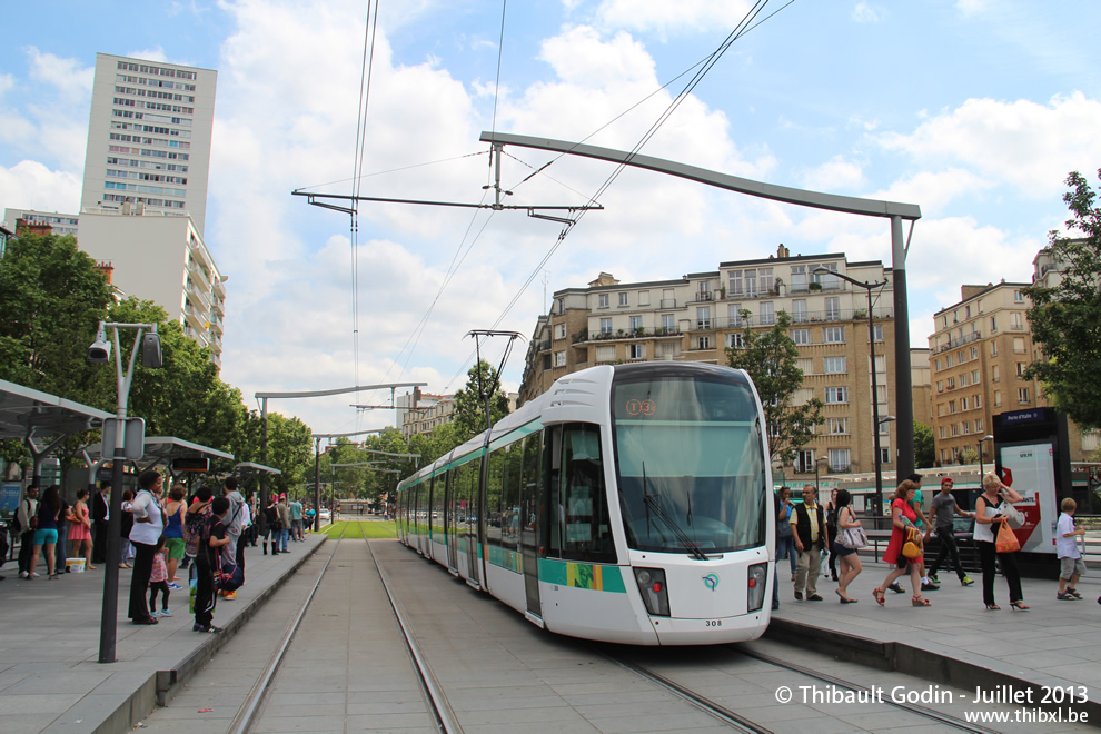 Tram 308 sur la ligne T3a (RATP) à Porte d'Italie (Paris)