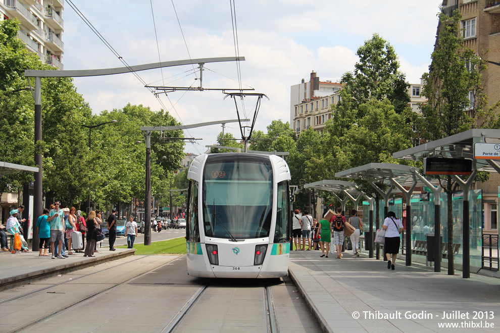 Tram 308 sur la ligne T3a (RATP) à Porte d'Italie (Paris)